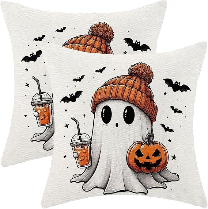Halloween Pillow Covers 18 x 18 Inch, Burnt Orange Pumpkin Decor Throw Pillows for Home Couch Bed, Black Cream Cute Ghost Bat Fall Outdoor Decorative Pillowcase Linen Cushion Cover Set of 2
