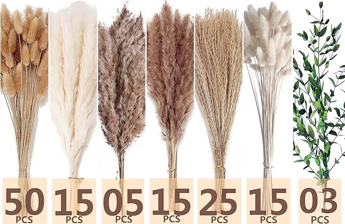 123 PCS Dried Flower Bouquet – Pampas Grass, Floral Decor for Home, Wedding, and Boho Style | Perfect for Vases, Fall, Spring, Summer, and Winter Arrangements