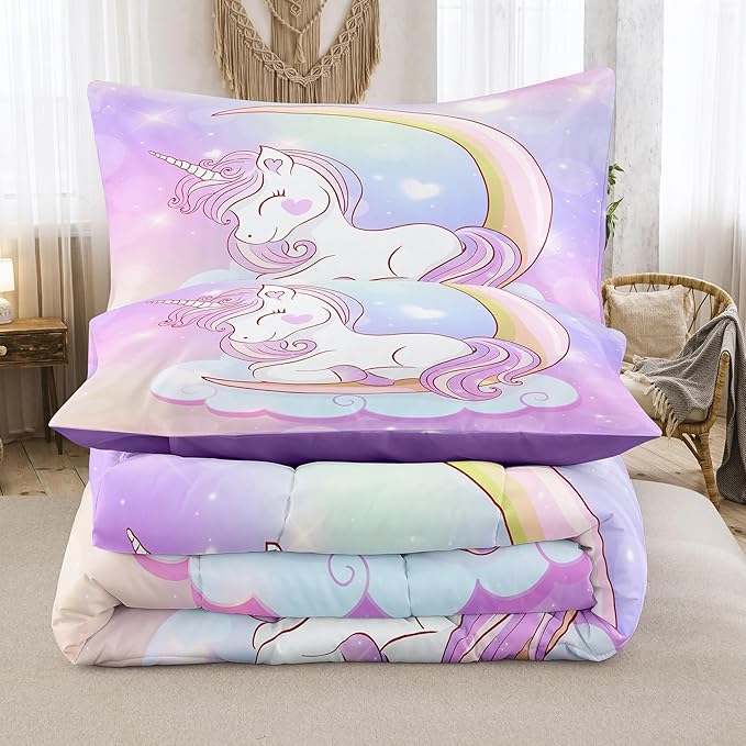 Tailor Shop Unicorn Girls Comforter Sets Full Size,Unicorn Purple Bedding Sets for Girls Kids Teens with 2 Pillowcase