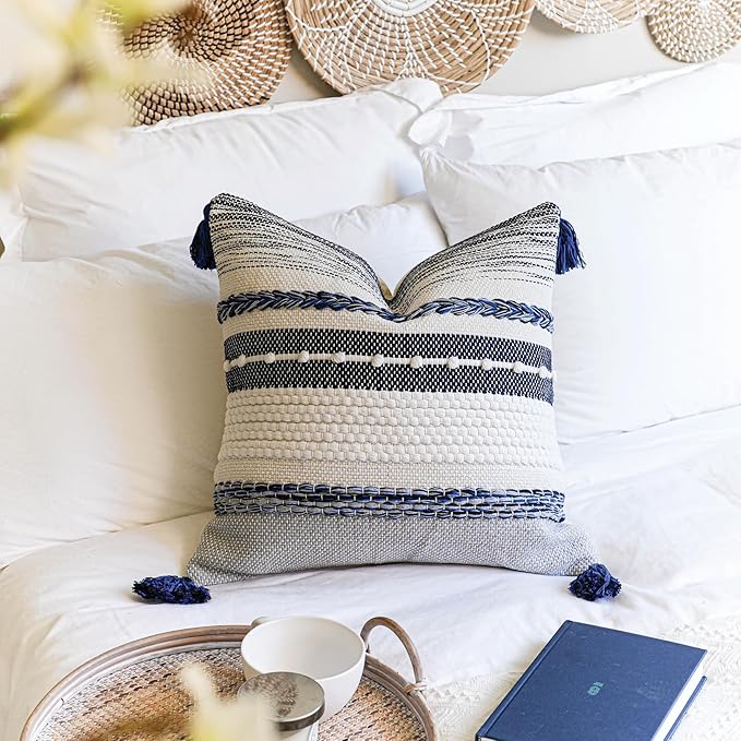 BlissBlush Navy Dark Blue Boho Throw Pillow Cover 22x22 Grey Decorative Accent Pillow for Couch Square Woven Textured Pillowcase Modern Boho Pillow for Bed, Bohemian Pillow Cover (Pack of 1)
