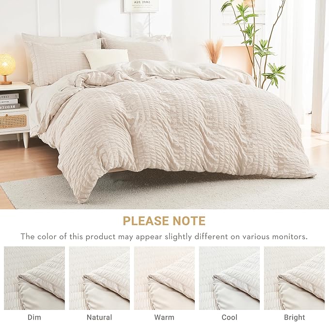 HYMOKEGE Beige Queen Comforter Set Seersucker 7 Pieces, All Season Luxury Bed in a Bag for Bedroom, Bedding Set with Comforters, Sheets, Pillowcases & Shams