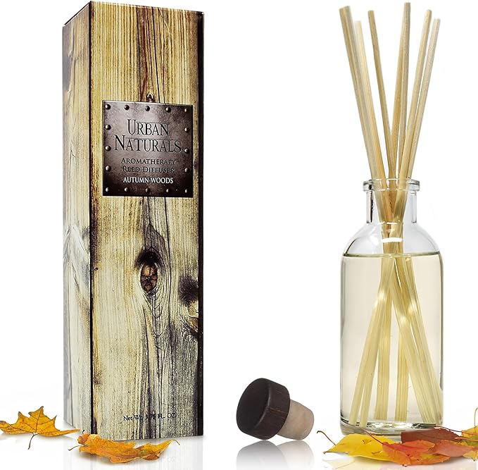 Urban Naturals Autumn Woods Reed Diffuser Set - Dark Walnut, English Lavender and White Amber - A Fresh, Earthy, Woodsy Fall Forage Scent - Made in The USA