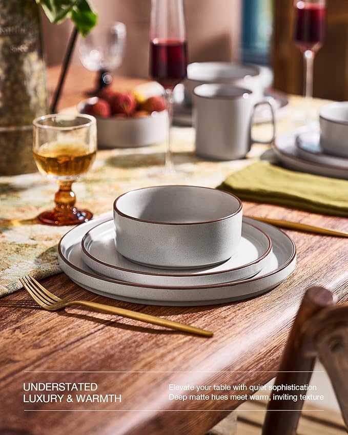 Famiware Nebula Ridge Stoneware Dinnerware Sets, Plates and Bowls Sets for 4, 12 Pieces Dishes Set, Microwave and Dishwasher Safe Kitchen Plates, Light Gray