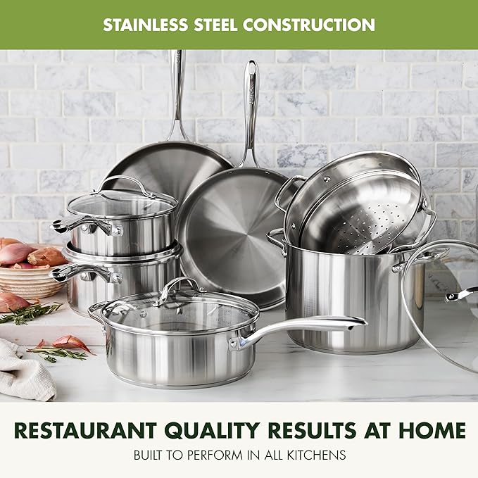 GreenPan 11 Piece Stainless Steel Cookware Set, Induction Ready, Measurement Markings, Dishwasher & Oven Safe 600F, Pots & Pans, Sauce, Saute, Frying Pans, Silver