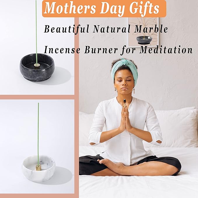 Marble Incense Holder, 9 Hole Burner for Meditation, Natural White & Grey Ash Grabber - Birthday Gift for Mom
