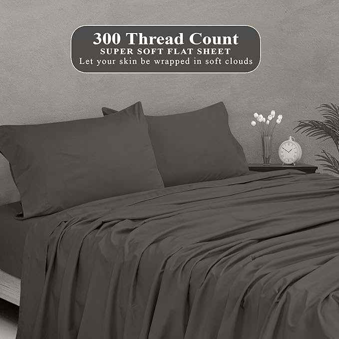 Royale Linens 300 Thread Count 100% Long Staple Combed Cotton Flat Sheet - Super Soft - Top Sheets - Queen Flat Sheet Sold Separately - Breathable, Cool & Crisp Percale Sheets Only (Queen, Grey)