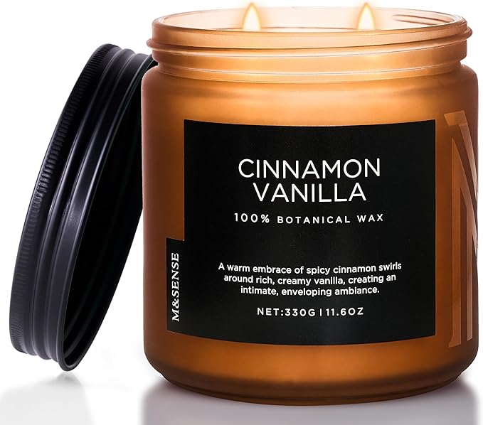 M&SENSE Cinnamon Vanilla Fall Scented Candles for Home, Natural Soy Wax 11.6oz 70 Hours Large Long Lasting Strong Scented Classic 2 Wicks Jar Candle Gift for Housewarming