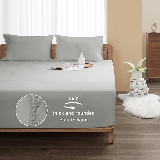 Sunflower Queen Fitted Sheet, 1-Piece Deep Pocket Fitted Bottom Sheet 16", 100% Cotton Sateen Soft Breathable, Silver Gray