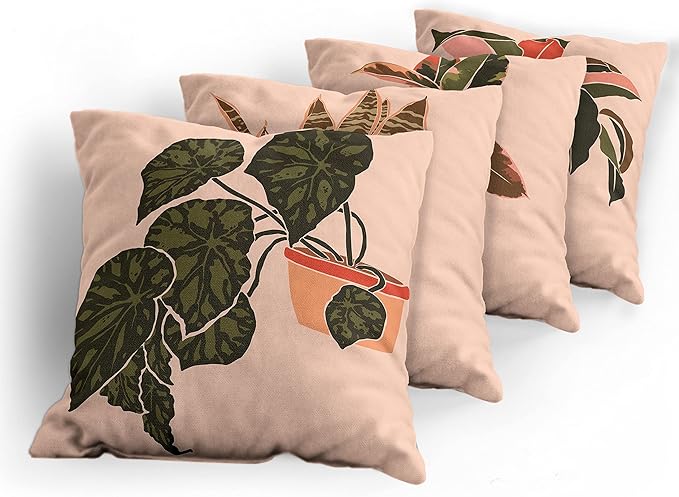 Ambesonne Botanical Throw Pillow Cushion Case Pack of 4, Digital Watercolor Effect Modern Print of House Plants Leaves Pots, Modern Accent Double-Sided Digital Printing, 16", Peach Emerald and Salmon