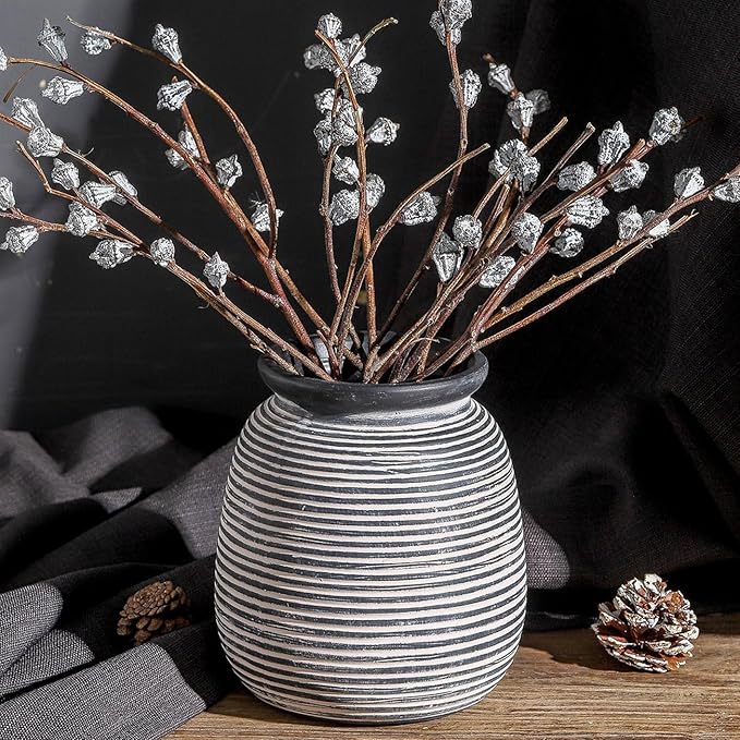 Ceramic Rustic Vase,7.48" Flowers Pottery Vases Home Decor Round Wide-Mouth Farmhouse Decorative Vase for Flowers Pampas for Table Living Room Entryway Mantel Shelf Kitchen Bathroom Bedroom