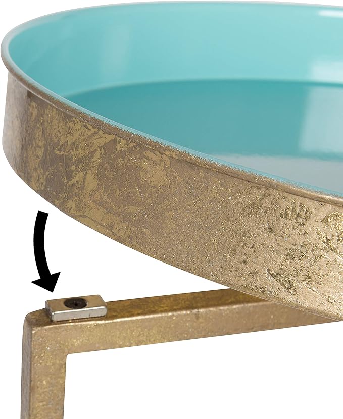 Kate and Laurel Celia Round Foldable Tray Accent Table, 14" x 14" x 25.75", Light Teal and Gold, Modern Minimalist Design and Magnetic Tabletop