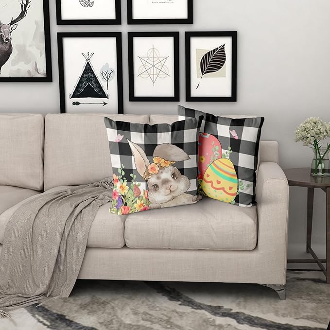 Giwawa Easter Pillow Covers 20x20 Inch, Easter Bunny Eggs Throw Pillowcases with Black White Buffalo Plaids, Cute Rabbit Spring Flower Cotton Cushion Cover for Sofa Couch Bedding Decor, Set of 2