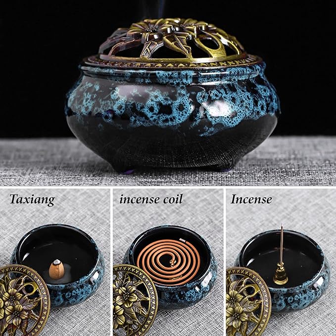 Ceramic Incense Burner with Lid, Bowl Burner， Cone Incense Burner, Ceramic Censer Suitable for Incense/Cone/Coil/Sticks, There are 30 Incense Cones+ Metal Incense Holder+Fireproof Cotton Inside.