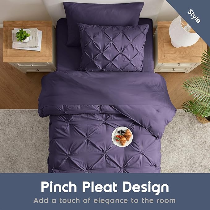 Nestl Twin XL Comforter Set 5 Piece - Pintuck Twin XL Bedding Set Purple, College Dorm Room Essentials with Sheets, Pillowcase and Sham