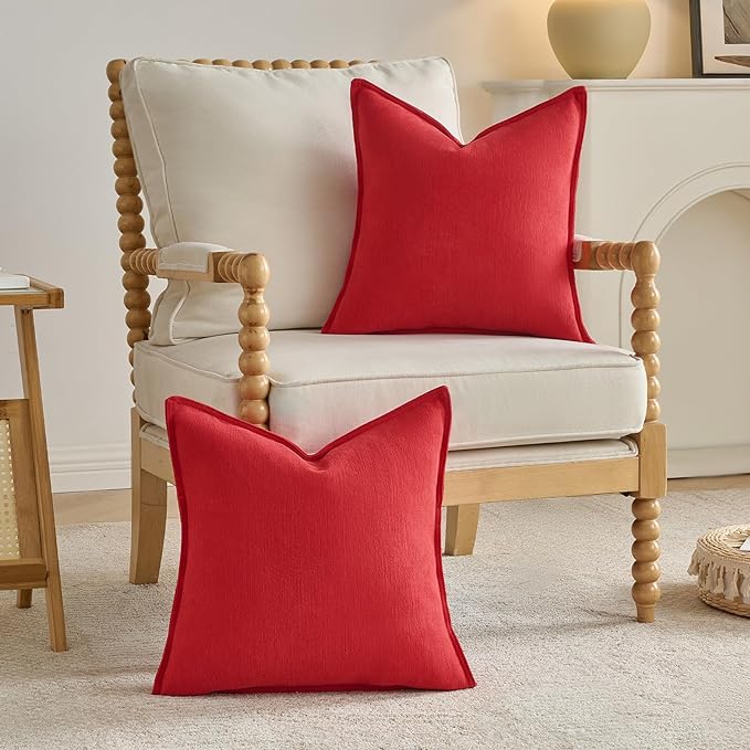 FUTEI Red Chenille Throw Pillow Covers 26x26 Inch Set of 2,Edges Double-Stitched Euro Pillow Shams,Modern Home Decor for Couch Living Room