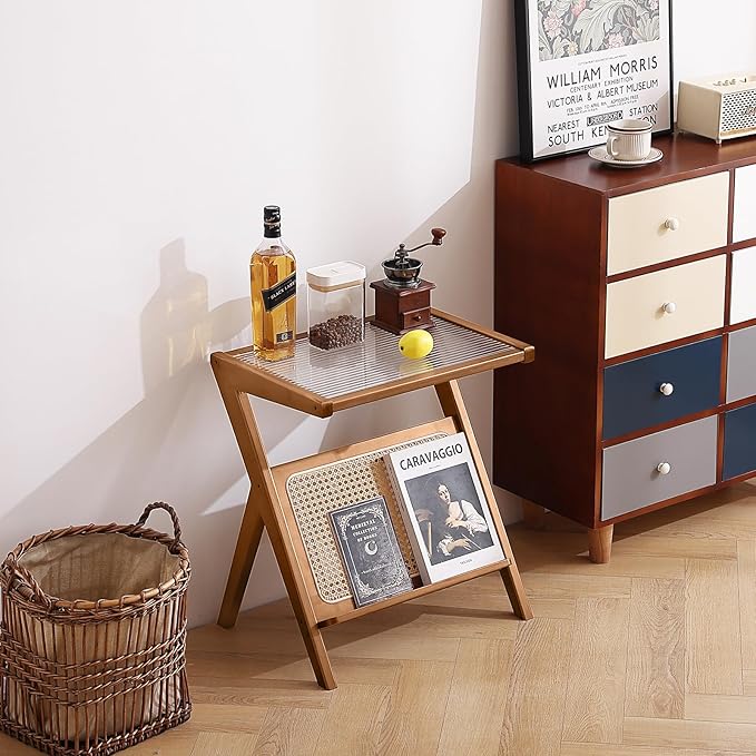 Tiita Rattan Side Table, Mid Century Nightstand, Bamboo Accent Bedside Tables, Glass Coffee Tables, Boho Wooden End Table with Storage for Small Space, Living Room and Bedroom