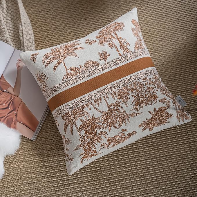 Premium Throw Pillow Covers 20x20 Inches - Jungle with Tawny Birch Palm Tree Chenille Jacquard Embroidery Decorative Couch Pillow Covers for Living Room Bedroom Sofa