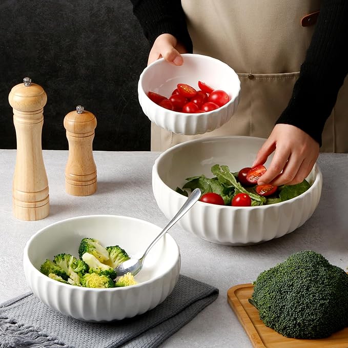 NUTRIUPS Serving Bowls, Nesting Bowls, 84/50/23oz Ceramic Salad Bowl for Cooking Baking, 10/8/6 in Microwavable & Oven Safe, Set of 3