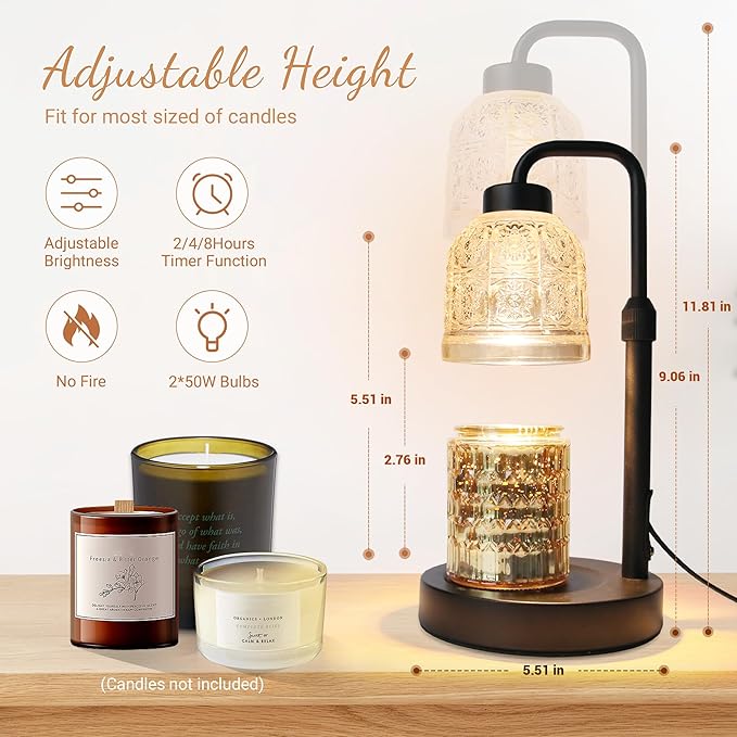 AIFEI Candle Warmer Lamp with Timer, Dimmable Adjustable Height Candle Lamp, Birthday Gifts for Women Mom Sister Friends, Candle Warmer Gifts New Home Decor, Candle Lamp Warmer with 2 Bulbs - Black