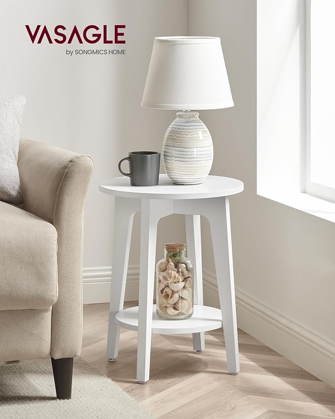 VASAGLE MAEZO Collection - Side Table, 2-Tier Small Round End Table, Nightstand with Tapered Legs, Curved Transitions, for Small Spaces, Living Room, Bedroom, Cloud White ULET283T14