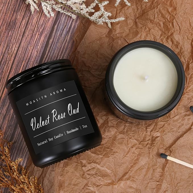MOASITN Velvet Rose Oud Highly Scented Candles for Home| Natural Soy Aromatherapy Candle| Handmade Long Lasting Jar Candle| Candel Gift for Men,Women as Birthday,Housewarming,Relaxing Gifts| 7oz