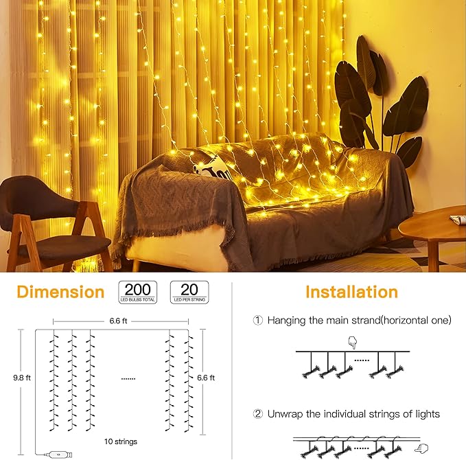 Ollny Curtain Lights 6.6x6.6ft, 200 LED String Lights with Remote 8 Modes Dimmable Timer, USB Power Fairy Light for Bedroom Backdrop Indoor Wall Window Christmas Decorations, Warm White