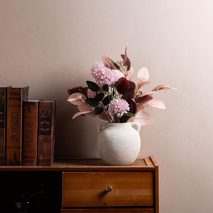 Small Ceramic White Vase - Short Rustic Flower Vases - 6 Inch Christmas Decorative Vase, Vintage Terracotta Vase with Hadle for Home Decor,Living Room Shelf Decor Table, Lyeec