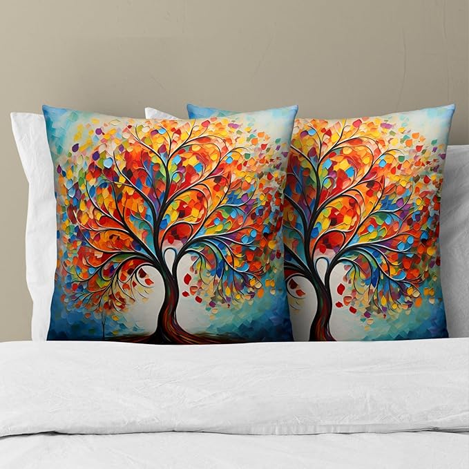 Colorful Tree Painting Pillow Cover - Watercolor Trees Throw Pillow Covers 16x16 Set of 2 Botanical Throw Pillow Covers Forest Pillowcase Spring Summer Decor for Indoor Outdoor