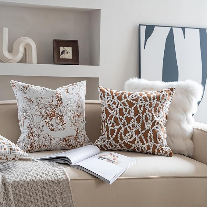 Premium Throw Pillow Covers 18x18 Inches - Tawny Birch Ropetide Knot Chenille Jacquard Embroidery Decorative Couch Pillow Covers for Living Room Bedroom Sofa Home Décor