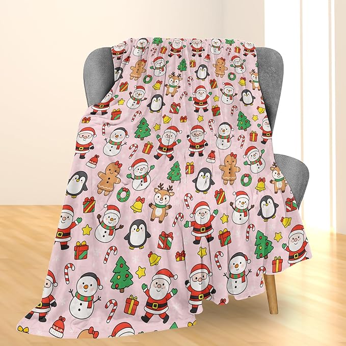 Christmas Blanket, Soft Lightweight Flannel Cute Santa Snowman Penguin Gingerbread Throw Blanket for Couch, Bed, Travel & Decor Gifts, Cozy Warm Fuzzy Holiday Blankets for Adults Women Girls 50×40 in