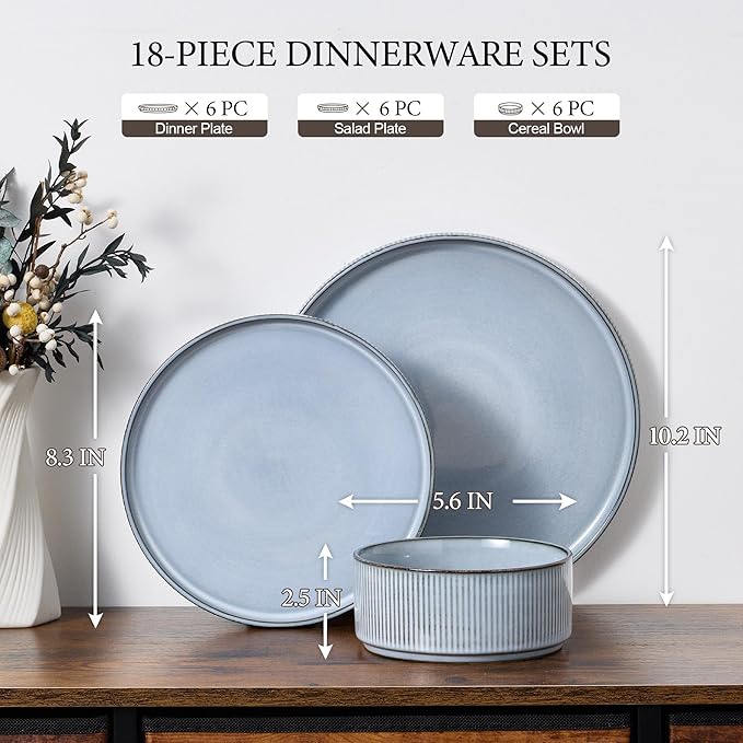 E-far Stoneware Dinnerware Sets, 18-Pieces Modern Plates and Bowls Sets, Kitchen Dinning Porcelain Dishes Set for 6, Chip & Scratch Resistant, Dishwasher & Microwave Safe, Dusty Blue