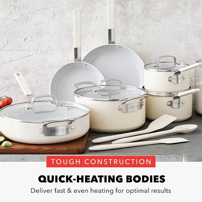 GreenPan x Bobby Flay 13 Piece Nonstick Cookware Pots and Pans Set, PFAS-Free Diamond Ceramic, Induction Suitable, Easy Clean Dishwasher & Oven Safe, Stay-Cool Silicone Handles, Glass Lids, Cream