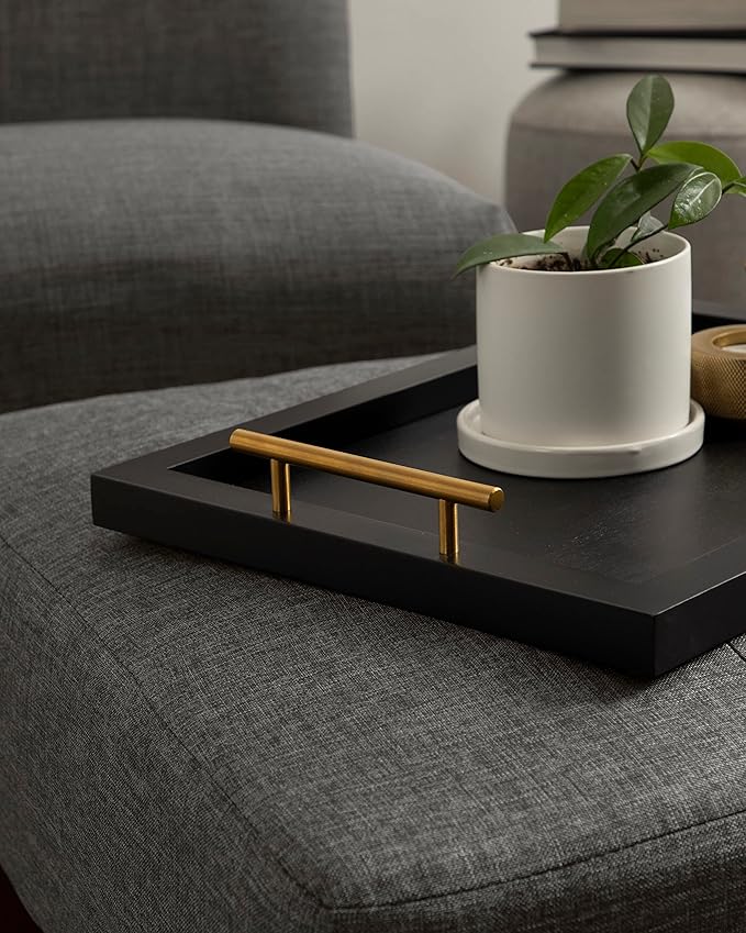 Kate and Laurel Halsey Rectangle Decorative Wooden Tray with Polished Metal Handles, 17 x 13, Black and Gold, Modern Glam Wood Rectangular Serving Tray for Display or Decoration