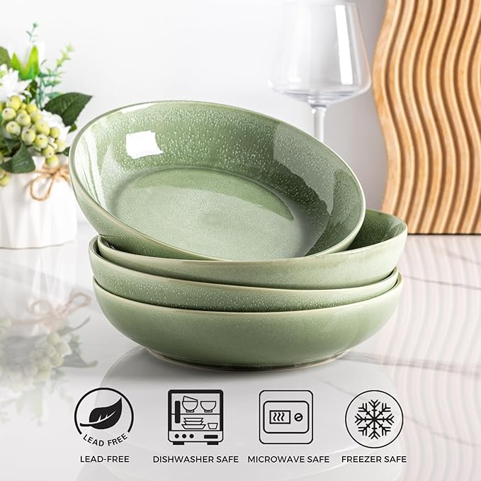AmorArc 8.5'' Large Ceramic Pasta Bowls Set, 36oz Stoneware Bowls Set of 4 for Kitchen, Reavtive Glaze Bowls-Microwave,Dishwasher Safe for Pasta,Salad,Oatmeal-Olive Green