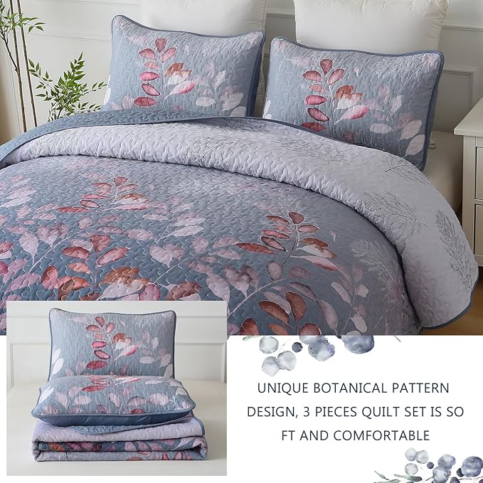 WONGS BEDDING 3 Pieces Quilt Set Queen Size, Blue-Purple Floral Bedspread Coverlet Set, Soft Microfiber Lightweight Floral Bedding Set King 104"×90"