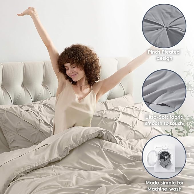 Nestl King Size Comforter Set 7 Pieces - Pinch Pleated Comforter Set in Beige, Bed in a Bag, All Season Bedding Set with Flat Sheet, Fitted Sheet, Pillowcases and Shams