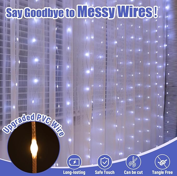 Upgrade 300LED White Curtain Light with Untangled Wires, 9.8ft x 9.8ft Copper Wire String Lights, USB Plug Hanging Window Fairy Lights, 8 Modes & Remote for Home Christmas Wedding Party