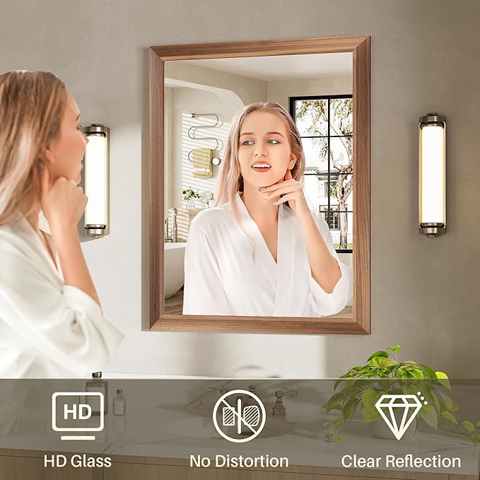 36x36 Inch Bathroom Mirror for Wall, Anti-Rust Walnut Wood Grain Metal Framed Bathroom Mirrors for Over Sink,Rectangler Mirrors for Bathroom Vanity, Farmhouse, Bedroom, Living Room, Entryway Decor