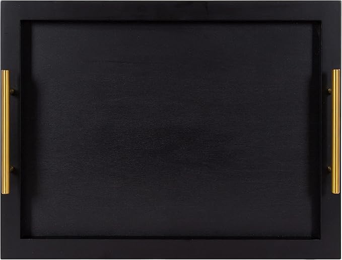 Kate and Laurel Halsey Rectangle Decorative Wooden Tray with Polished Metal Handles, 17 x 13, Black and Gold, Modern Glam Wood Rectangular Serving Tray for Display or Decoration