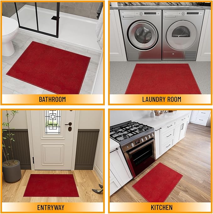 Ottomanson 2' x 4' Ultra-Thin Entryway Rug - Durable Non-Slip Mat for High-Traffic Areas - Fits Under Doors for Easy Entry - Ideal for Front Door, Hallway, Kitchen, Bathroom & Mudroom, Red