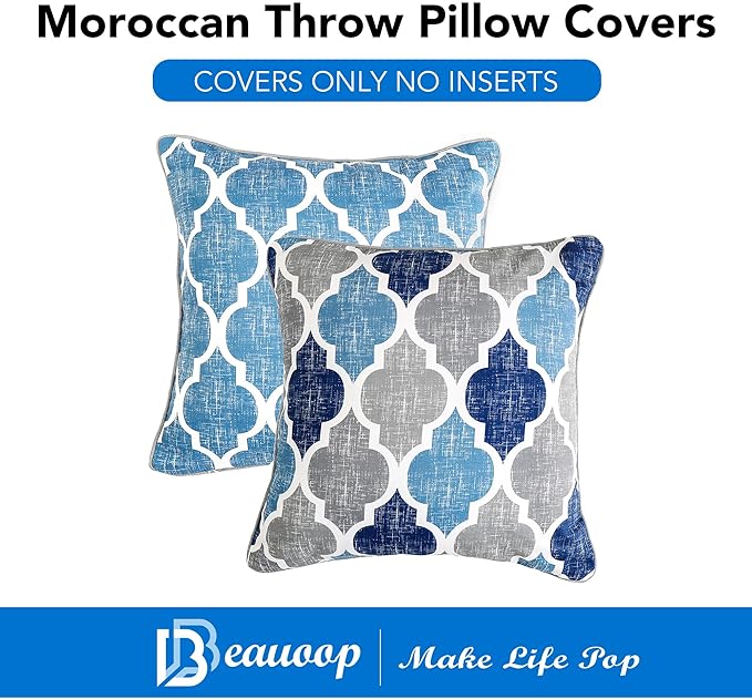 Beauoop Throw Pillowcover Soft Chenille Print Moroccan Geometric 2-Sided Pattern Blue and Gray Decorative Velvet Square Cushion Covers Standard Pillowcase Couch Sofa Bed Men/Women 20x20 Inch, Set of 2