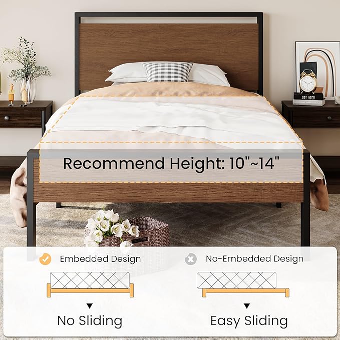 SHA CERLIN 14 Inch Twin Size Metal Platform Bed Frame with Wooden Headboard and Footboard, Mattress Foundation, No Box Spring Needed, Large Under Bed Storage, Heavy Duty Slats Support, Walnut