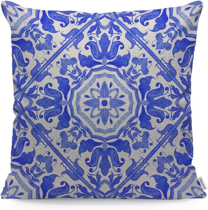 WONDERTIFY Throw Pillow Case Cover Portuguese Azulejo Tiles Talavera Geo Mexican Blue and White Gorgeous Design Soft Linen Pillow Case for Decorative Bedroom/Livingroom/Sofa Cushion Covers 18x18 Inch