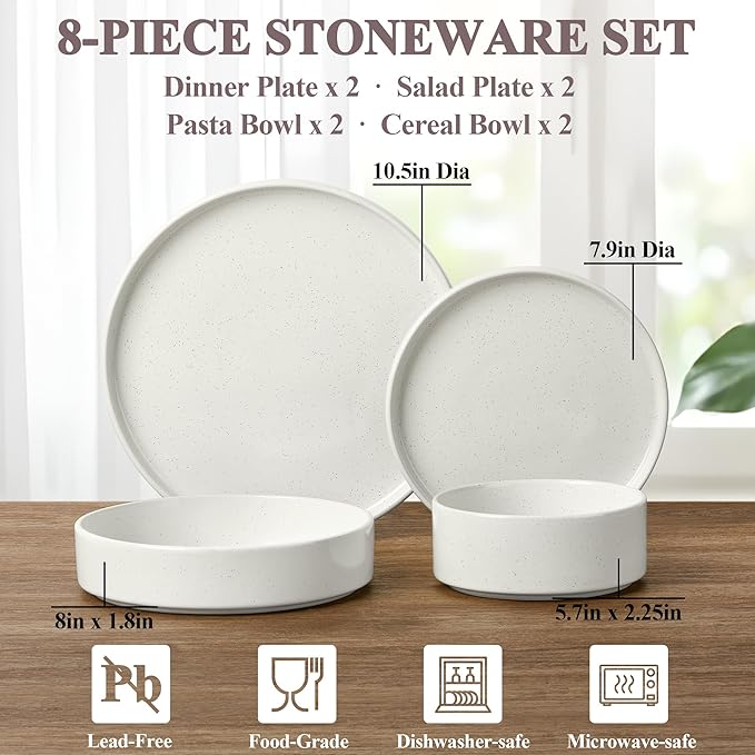 Herogo 8 Piece Dinnerware Sets with Pasta Bowls for 2, Dinner Salad Plates and Cereal Serving Bowls, Stoneware Dishes Dinner Ware for Kitchen Dining, Chip & Scratch Resistant Dishware, Speckled White