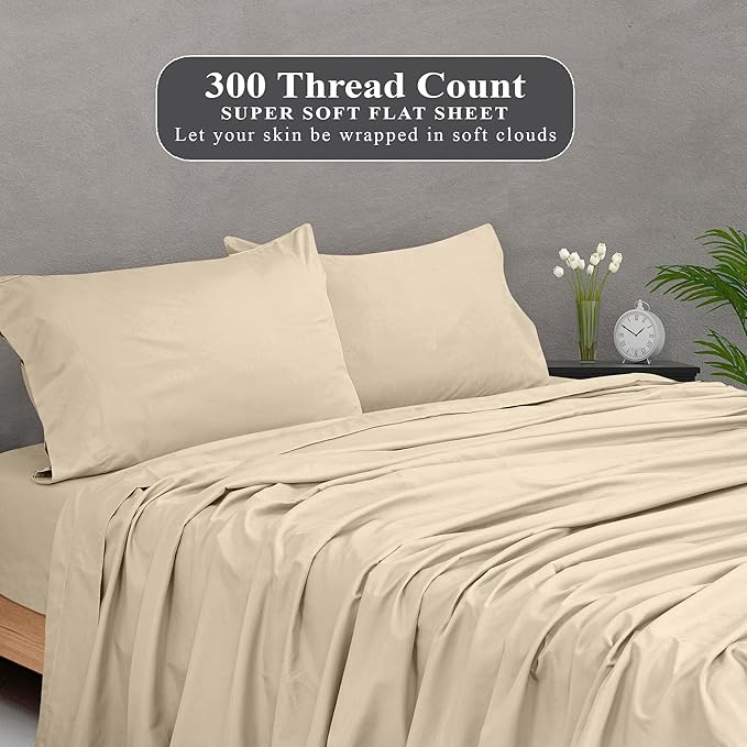 Royale Linens 300 Thread Count 100% Long Staple Combed Cotton Flat Sheet - Super Soft - Top Sheets - Full Flat Sheet Sold Separately - Breathable, Cool & Crisp Percale Sheets Only (Full, Cream)