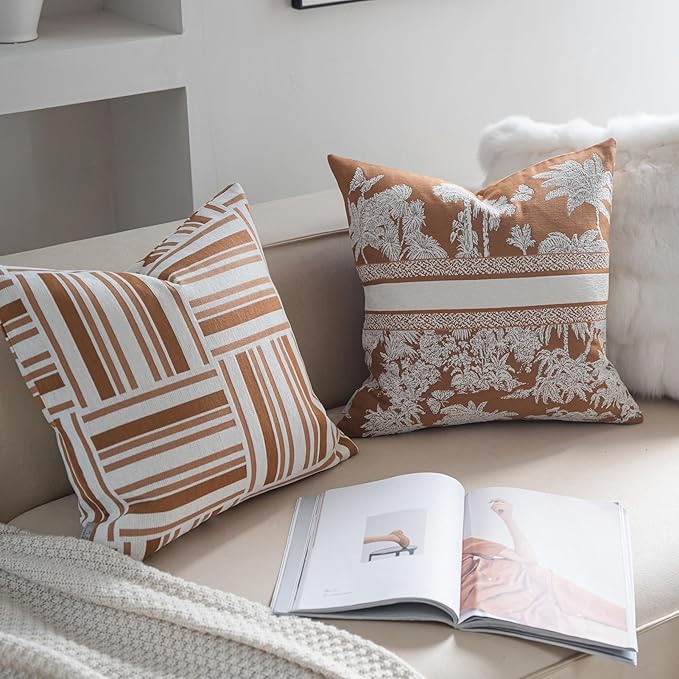 Premium Throw Pillow Covers 18x18 Inches - Tawny Birch Mosaic Grid Chenille Jacquard Embroidery Decorative Couch Pillow Covers for Living Room Bedroom Sofa Home Décor
