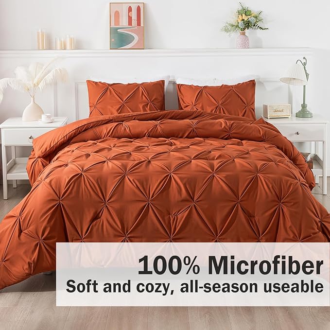 Andency Burnt Orange Terracotta King Size Comforter Set, 3 Pieces Pinch Pleat All Season Bedding Set, Soft Lightweight Microfiber Down Alternative Comforter Bed Set