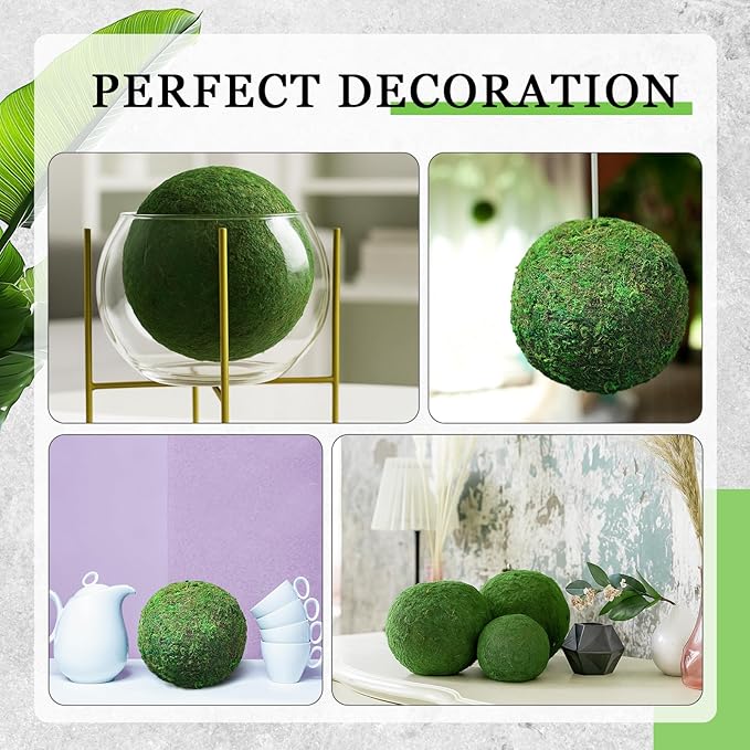 4 Pcs Large Green Moss Balls Artificial Moss Balls Spring Vase Bowl Fillers Hanging for Spring Home Wedding Garden Farmhouse Autumn Table Centerpieces Indoor Outdoor Decor(4 Sizes)
