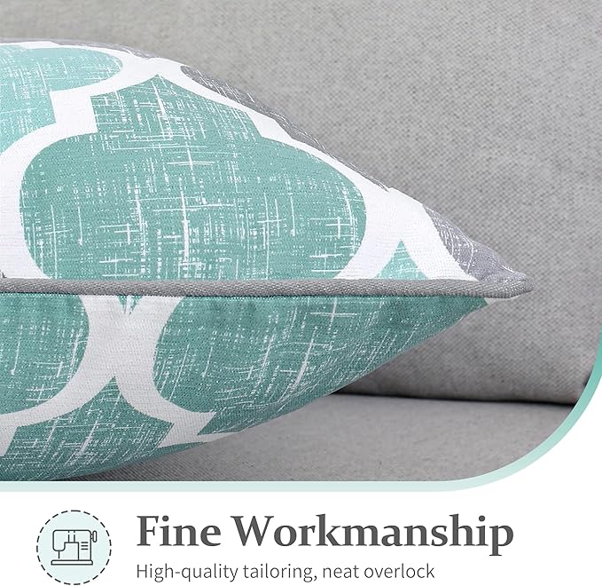Beauoop Pack of 2 Throw Pillow Cases Covers for Couch Bed Sofa Farmhouse Double Sided Printed Colorful Geometric Trellis Moroccan Pattern Lumbar Pillow Covers, 18 X 18 Inches, Aqua Gray