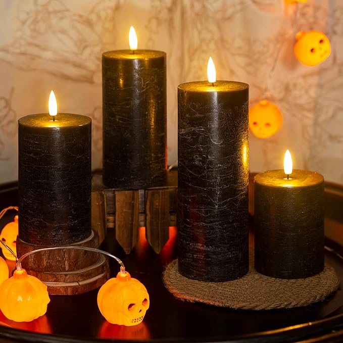 Halloween Flameless Candles, 4 Pack Battery Operated Halloween Candles with Remote, Wax LED Fake Pillar Candles Fireplace/Shelf Decor D3 H 5" 6" 7" 9" Black